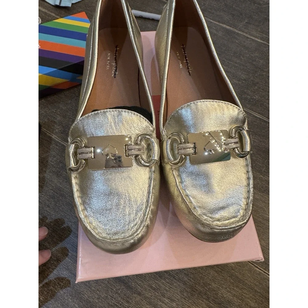 KATE SPADE NEW YORK Women Gold Carson Round Toe Slip On Leather Loafers Size 7.5 - Picture 8 of 15